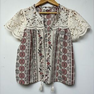 June & Hudson Lace Floral Blouse - Cream and Red